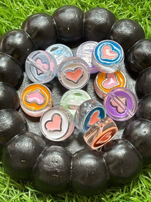 Cocoa Beads with Transparent Heart Cabochons (35g Mix)