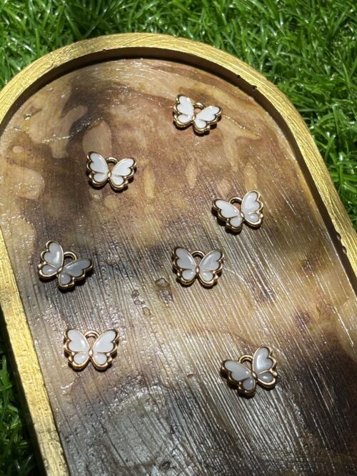 Elegant White Enamel Butterfly Charms with Gold & Pearl (Single)