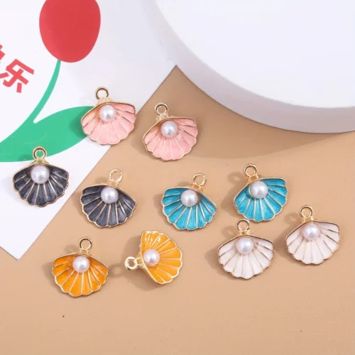 Mixed Color Enamel Shell Charms with Imitation Pearl, Zinc Alloy DIY Jewelry Pendants for Bracelets, Necklaces, and Earrings Crafting