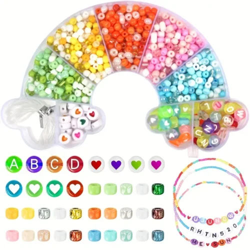 1040pcs Rainbow Colorful DIY Glass Seed Beads Kit Jewelry Making Supplies Kit with Seed Beads Craft for Necklace and Bracelet with Letter Bead and Heart Bead.