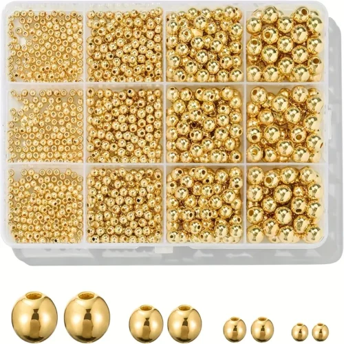 1100pcs, Including 3, 4, 6, 8Mm Golden Round Bead Set Box, Can Be Used to Make Bracelet Spacer Beads, Simple DIY Production Supplies