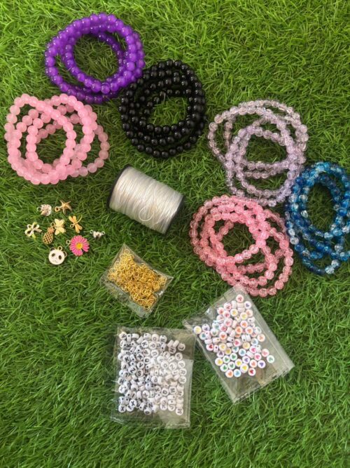 Beginners Deal ,3 crack beads stand ,3 glass beads strand ,alphabet , heart beads , elastic , jump ring , magnet heart and charms