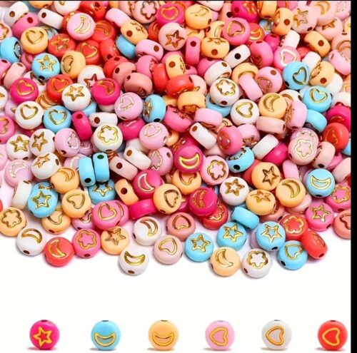 100pcs golden traced initial on   multi colored matte beads