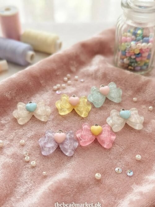 Transparent Heart Bow Resin Charm ( 6pcs )